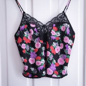 Lucie Ann Cami Top • Vintage Floral Camisole • Satin Black Lace • M 36